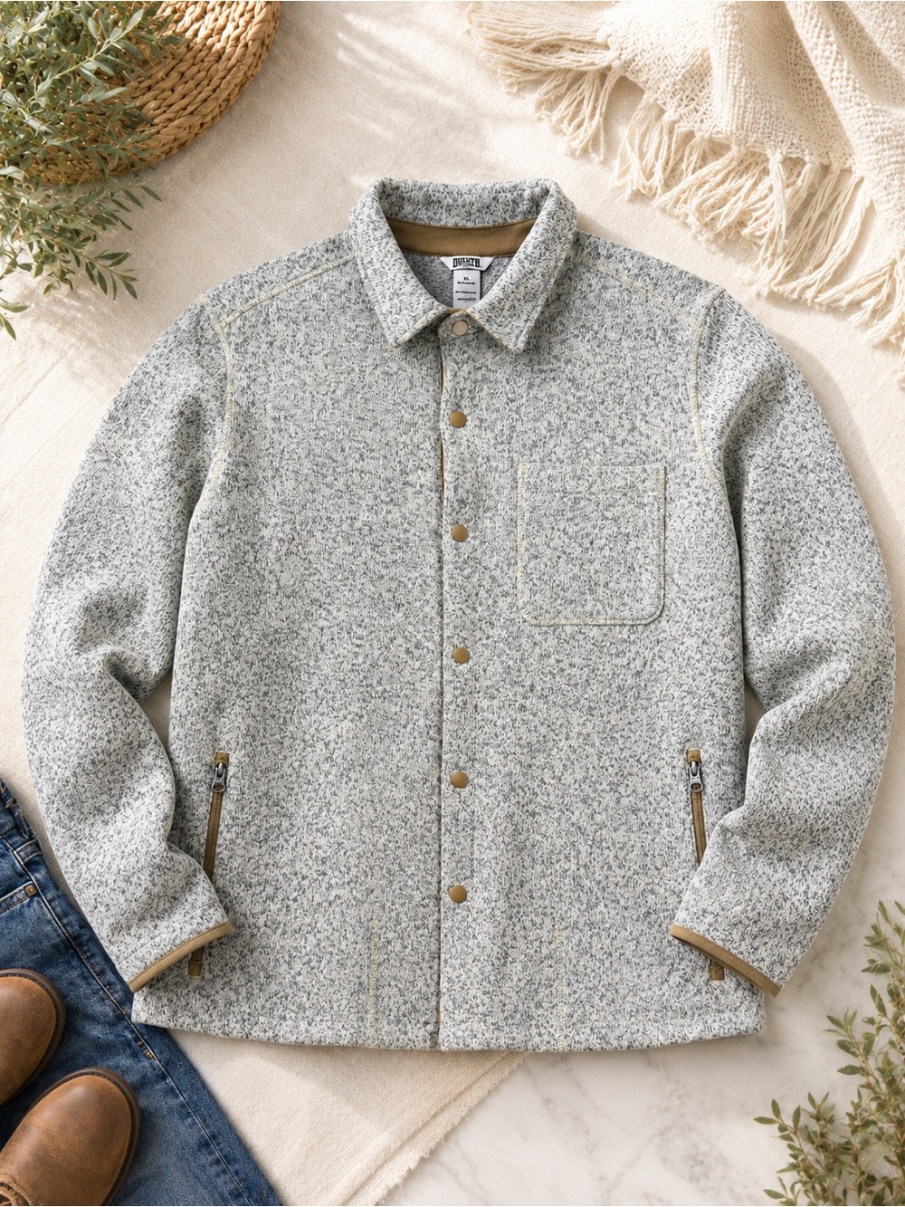 Duluth NWT XL Marled Button Shacket Sweater Fleece Gray Beige